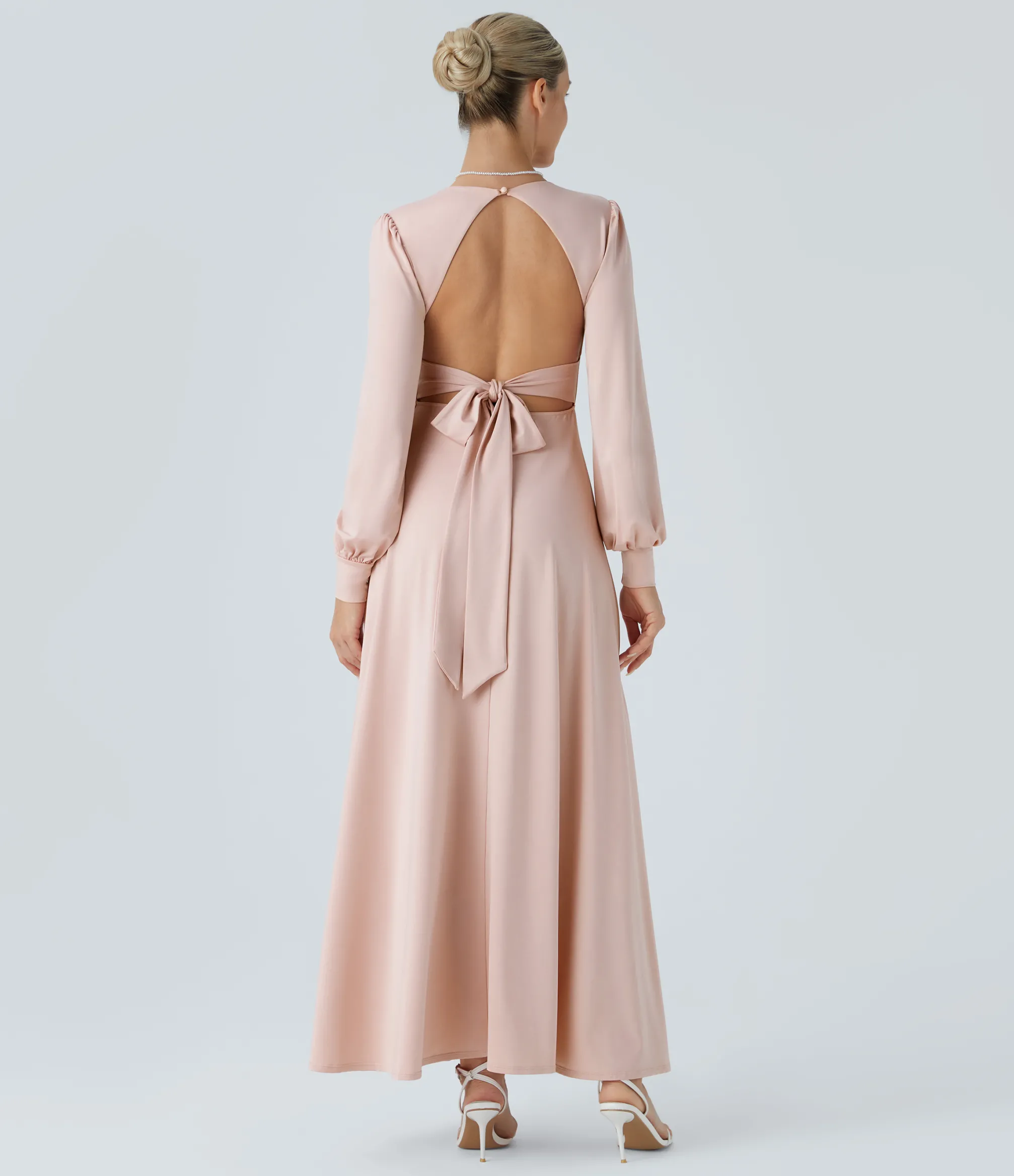 Dresses|Maxi & Midi Dresses<HALARA V Neck Long Sleeve Tie Back Bishop Sleeve Maxi Dress