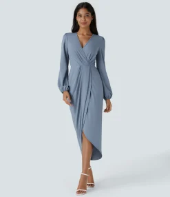Party Dresses|Maxi & Midi Dresses<HALARA V Neck Long Sleeve Tulip Hem Midi Dress