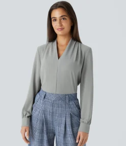 Work Tops|Shirts Blouses<HALARA V Neck Long Sleeve Work Blouse
