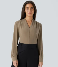 Work Tops|Shirts Blouses<HALARA V Neck Long Sleeve Work Blouse