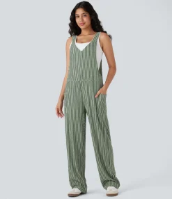 Jumpsuits<HALARA V Neck Pockets Stripe Casual Overalls