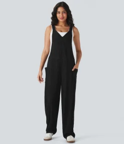 Jumpsuits<HALARA V Neck Pockets Stripe Casual Overalls