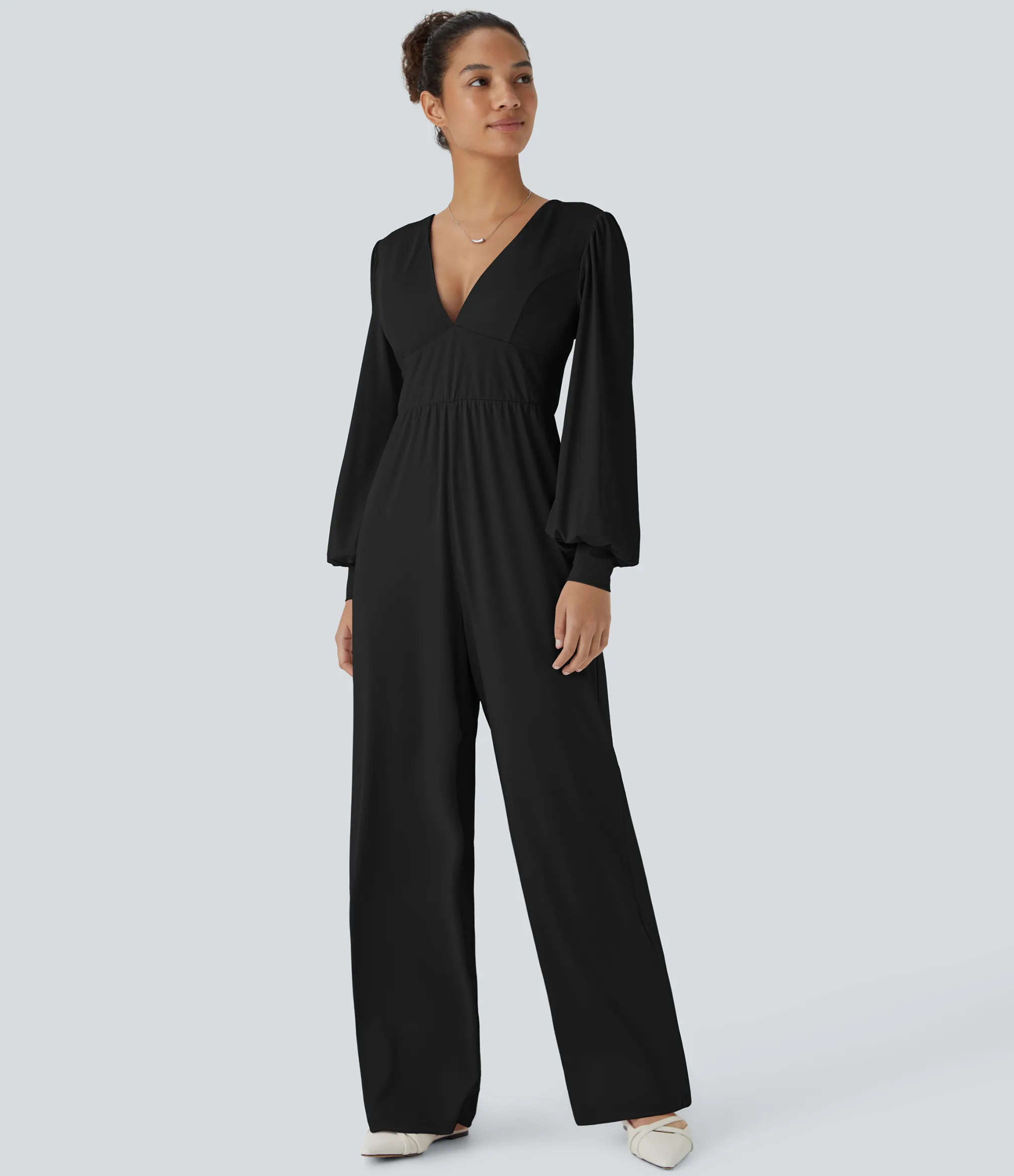 Jumpsuits<HALARA V Neck Puff Long Sleeve Casual Jumpsuit