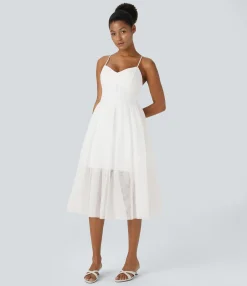 Maxi & Midi Dresses|Dresses<HALARA V Neck Ruched Lace Up Contrast Mesh Midi Casual Dress