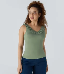 Work Tops|Tank Tops & Camis<HALARA V Neck Ruffle Trim Slim Work Tank Top
