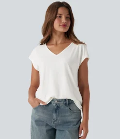 Casual Tops|T-Shirts<HALARA V Neck Short Sleeve Casual T-Shirt