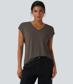 Casual Tops|T-Shirts<HALARA V Neck Short Sleeve Casual T-Shirt