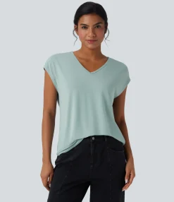 Casual Tops|T-Shirts<HALARA V Neck Short Sleeve Casual T-Shirt