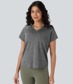 Yoga Tops|Sports Tops<HALARA V Neck Short Sleeve Contrast Mesh Yoga Sports Top