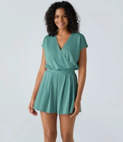 Jumpsuits<HALARA V Neck Short Sleeve Pocket Waffle Casual Romper