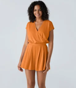 Jumpsuits<HALARA V Neck Short Sleeve Pocket Waffle Casual Romper