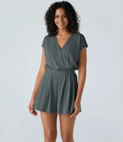 Jumpsuits<HALARA V Neck Short Sleeve Pocket Waffle Casual Romper