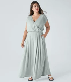 Plus Size<HALARA V Neck Short Sleeve Pocket Wide Leg Flowy Waffle Casual Plus Size Jumpsuit