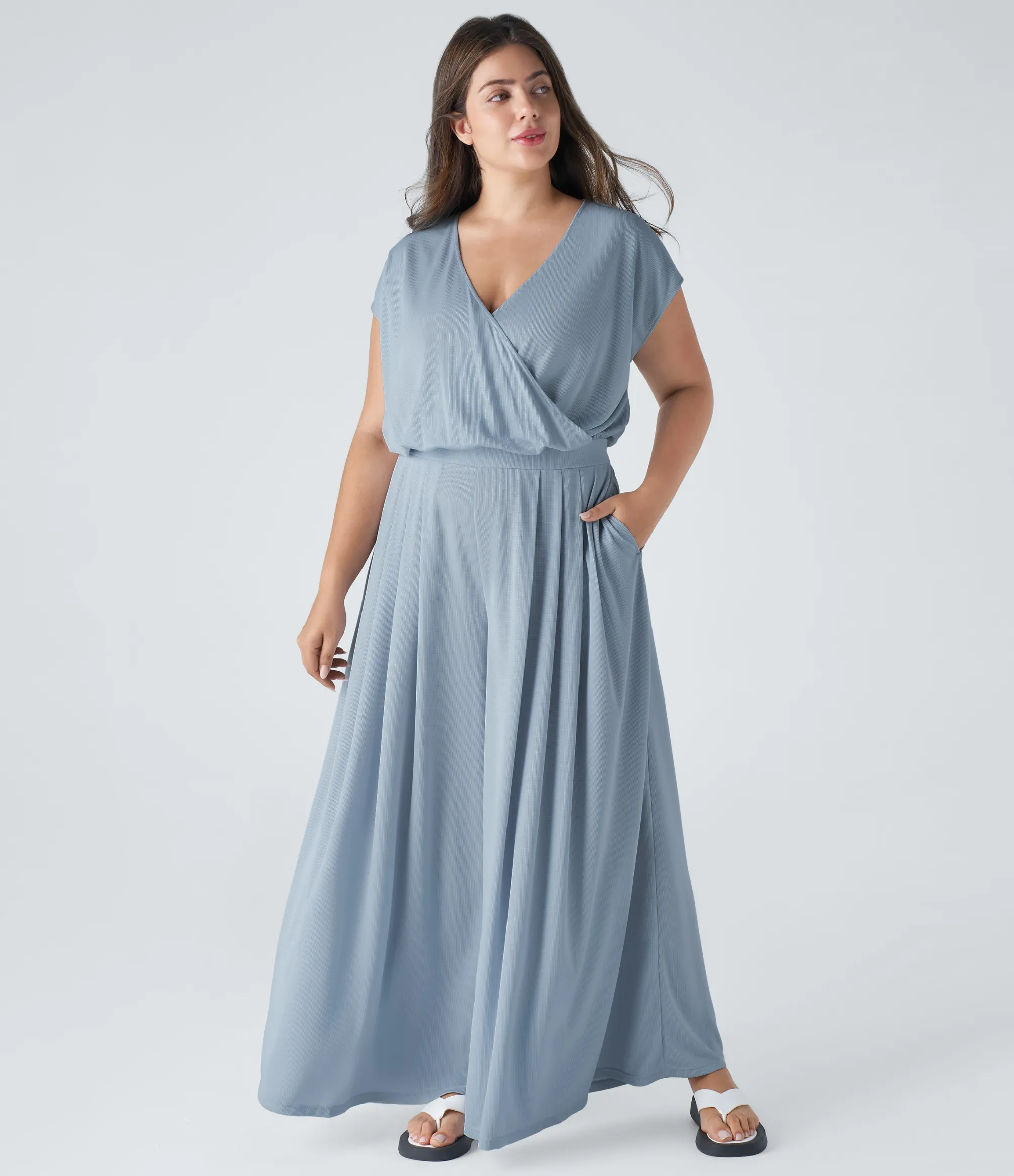 Plus Size<HALARA V Neck Short Sleeve Pocket Wide Leg Flowy Waffle Casual Plus Size Jumpsuit