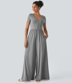 Jumpsuits<HALARA V Neck Short Sleeve Pocket Wide Leg Flowy Casual Jumpsuit Ultimate Gray