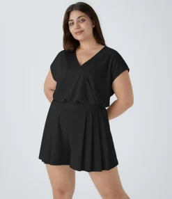 Plus Size<HALARA V Neck Short Sleeve Pocket Waffle Casual Plus Size Jumpsuit