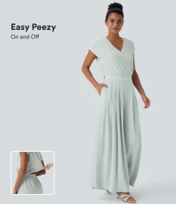 Jumpsuits<HALARA V Neck Short Sleeve Pocket Wide Leg Flowy Waffle Casual Jumpsuit-Easy Peezy Edition