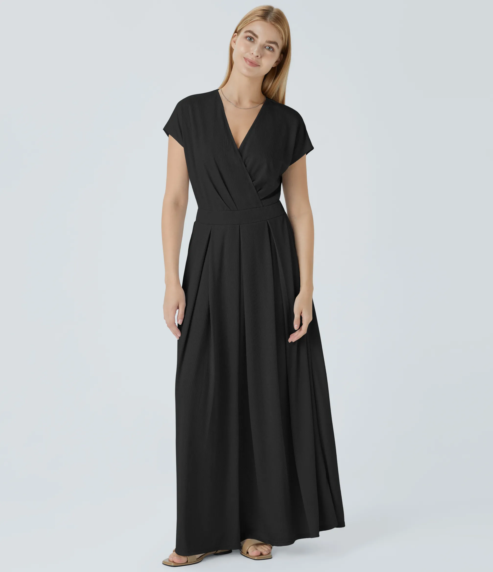 Dresses|Maxi & Midi Dresses<HALARA V Neck Short Sleeve Pocket Flowy Waffle Maxi Casual Dress