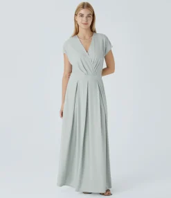 Dresses|Maxi & Midi Dresses<HALARA V Neck Short Sleeve Pocket Flowy Waffle Maxi Casual Dress