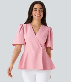 Work Tops<HALARA V Neck Short Sleeve Ruffle Hem Work Top
