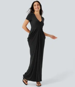 Maxi & Midi Dresses|Dresses<HALARA V Neck Short Sleeve Stacked Ruched Maxi Casual Dress