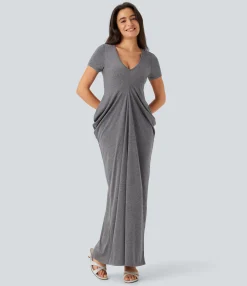 Maxi & Midi Dresses|Dresses<HALARA V Neck Short Sleeve Stacked Ruched Maxi Casual Dress