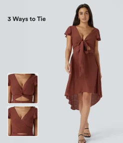 Dresses|Maxi & Midi Dresses<HALARA V Neck Short Sleeve Tie Front & Back Cut Out High Low Flowy Midi Casual Dress