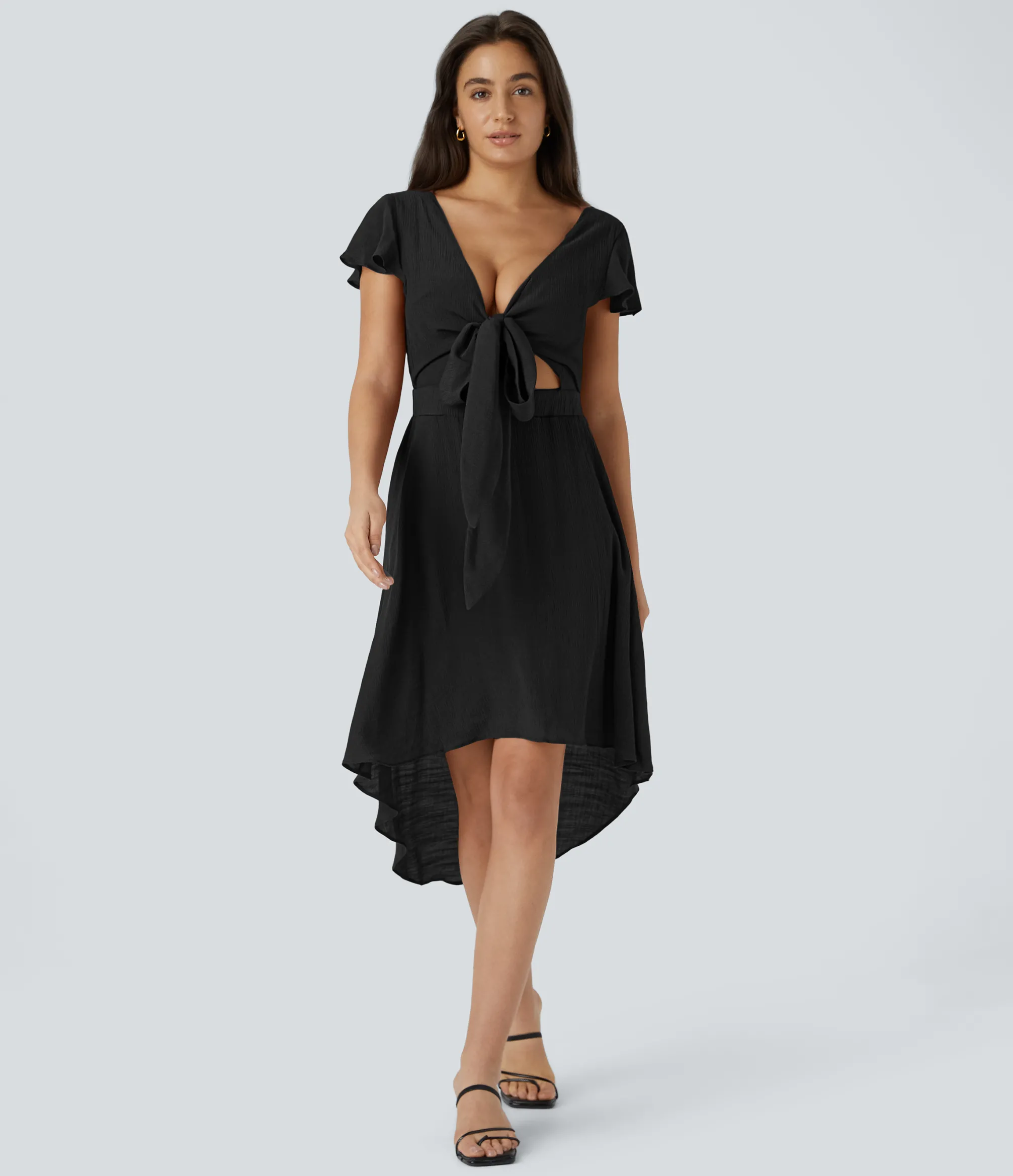 Dresses|Maxi & Midi Dresses<HALARA V Neck Short Sleeve Tie Front & Back Cut Out High Low Flowy Midi Casual Dress