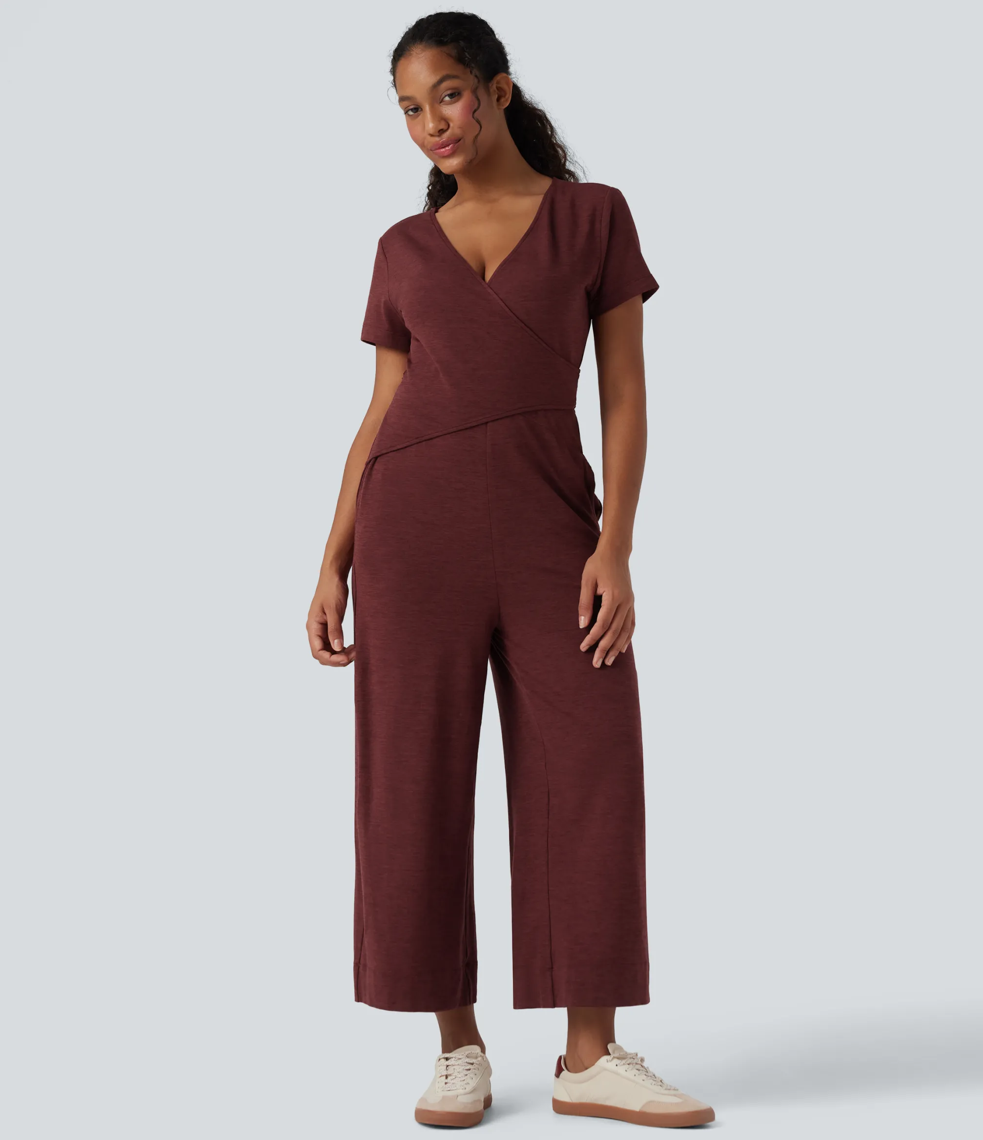 Jumpsuits<HALARA V Neck Short Sleeve Wrapped Tie Back Straight Leg Casual Jumpsuit with Pockets