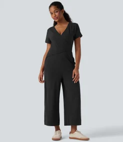 Jumpsuits<HALARA V Neck Short Sleeve Wrapped Tie Back Straight Leg Casual Jumpsuit with Pockets