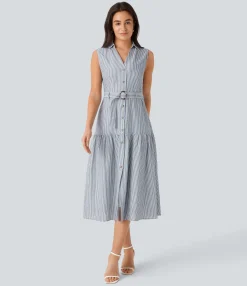 Maxi & Midi Dresses|Dresses<HALARA V Neck Sleeveless Belted Stripe Midi Work Dress