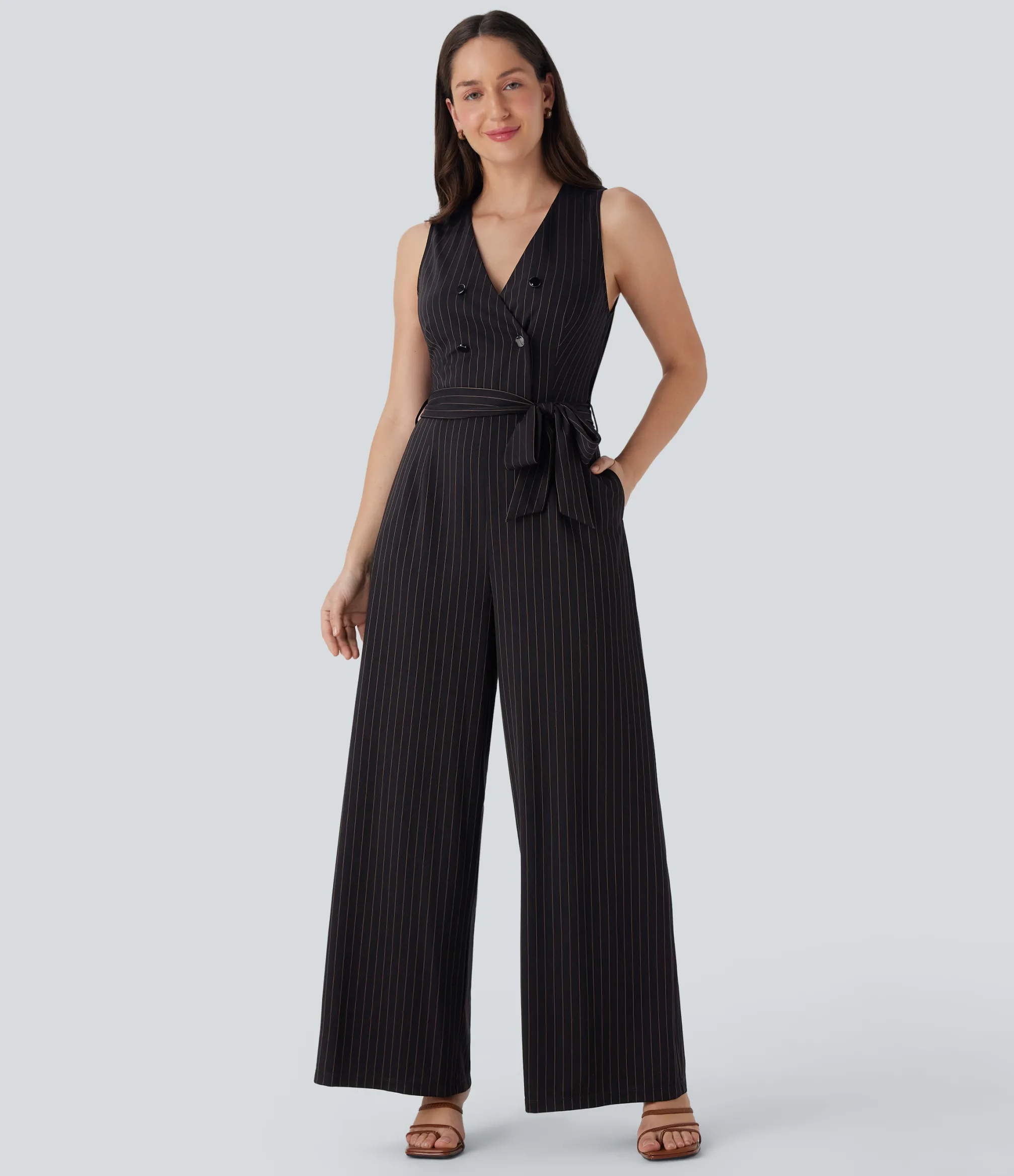Jumpsuits<HALARA V Neck Sleeveless Belted Stripe Cool Touch Work Jumpsuit with Pockets-Easy Peezy