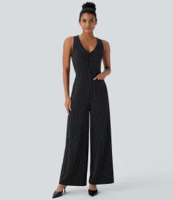 Jumpsuits<HALARA V Neck Sleeveless Cut Out Pockets Wide Leg Stripe Cool Touch Work Jumpsuit