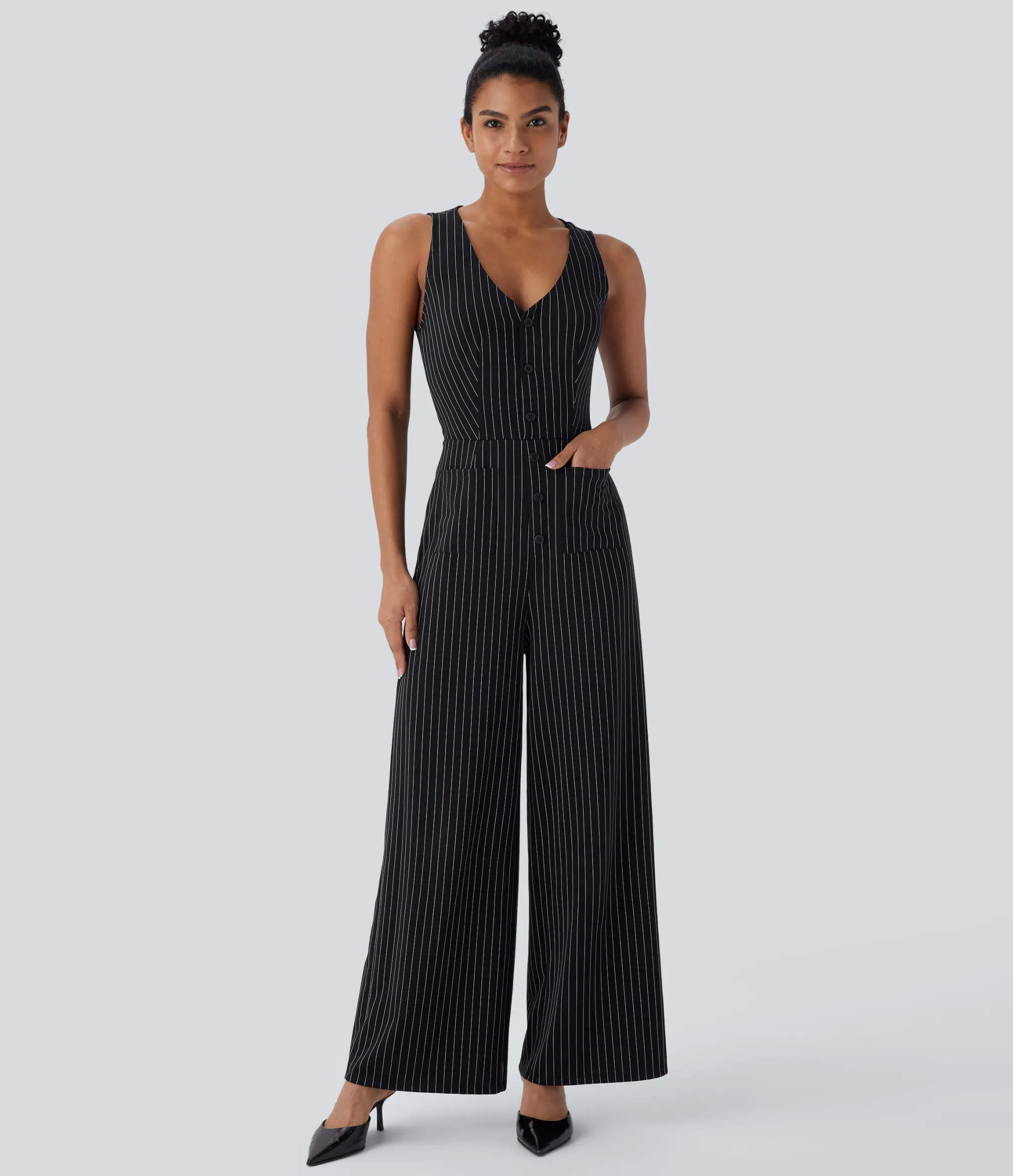Jumpsuits<HALARA V Neck Sleeveless Cut Out Pockets Wide Leg Stripe Cool Touch Work Jumpsuit