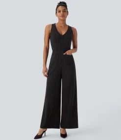 Jumpsuits<HALARA V Neck Sleeveless Cut Out Pockets Wide Leg Stripe Cool Touch Work Jumpsuit