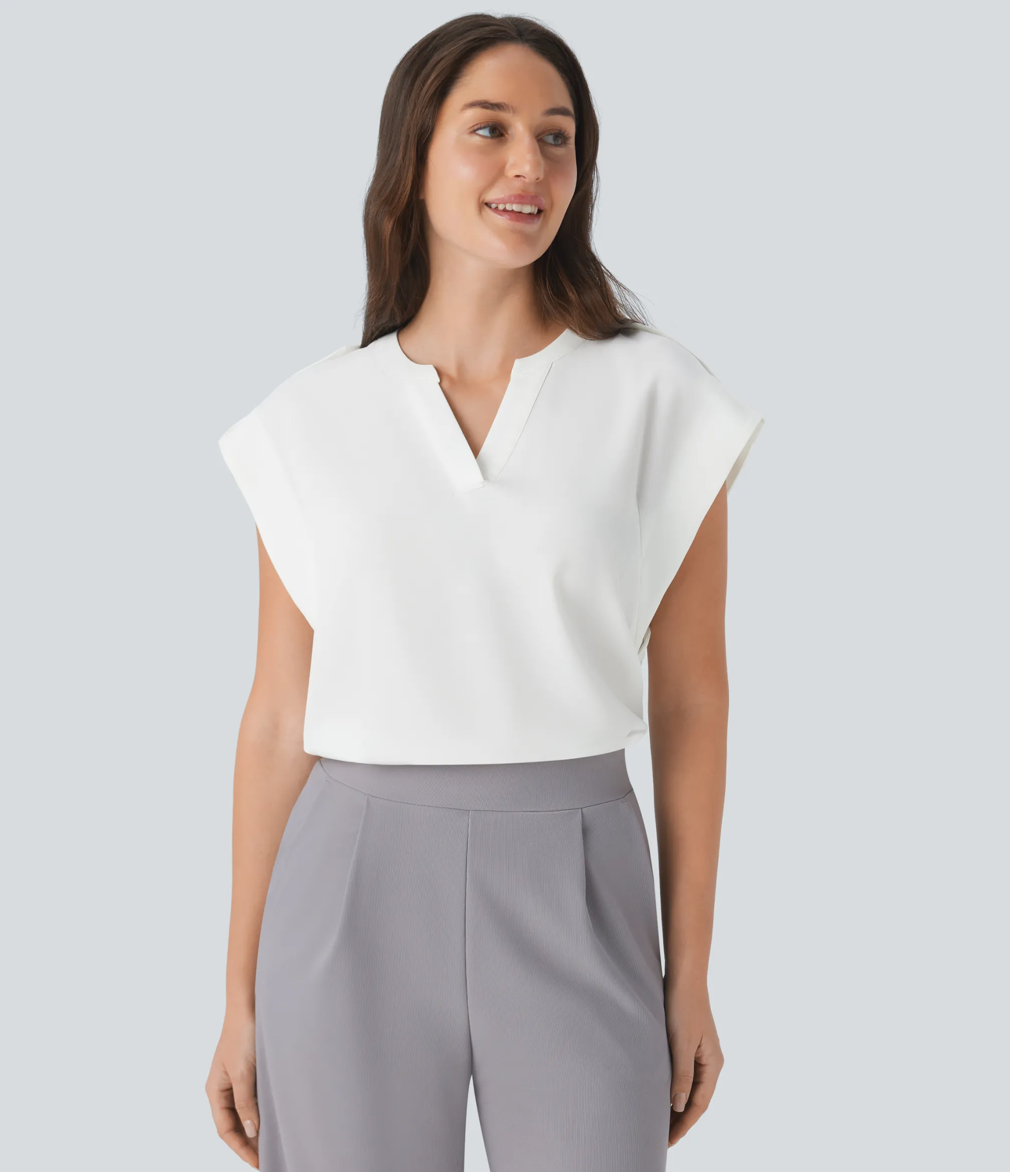 Work Tops<HALARA V Neck Sleeveless Decorative Work Top