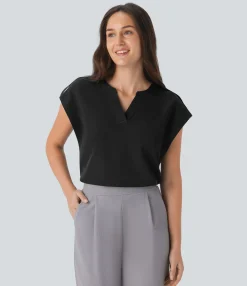 Work Tops<HALARA V Neck Sleeveless Decorative Work Top