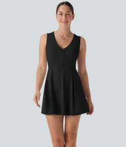 Mini Dresses|Dresses<HALARA V Neck Sleeveless Decorative 2-Piece Mini Casual Dress with Pocket