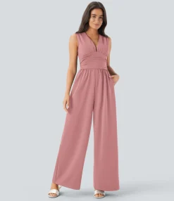 Jumpsuits<HALARA V Neck Sleeveless Ruched Pocket Jumpsuit-Easy Peezy
