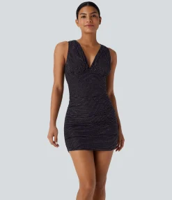 Bodycon Dresses|Mini Dresses<HALARA V Neck Sleeveless Ruched Bodycon Metallic Stripe Mini Casual Dress