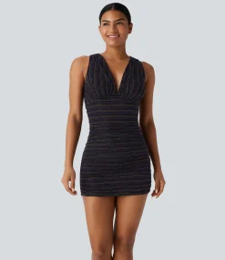 Bodycon Dresses|Mini Dresses<HALARA V Neck Sleeveless Ruched Bodycon Metallic Stripe Mini Casual Dress