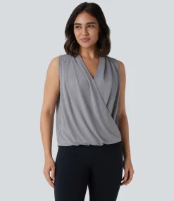 Work Tops|Shirts Blouses<HALARA V Neck Sleeveless Wrapped Crossover Work Blouse