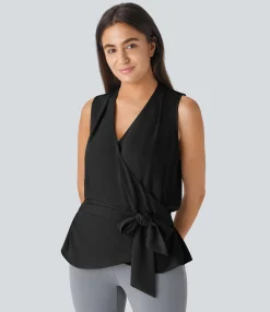 Work Tops|Shirts Blouses<HALARA V Neck Sleeveless Wrapped Tie Front Shirred Work Blouse