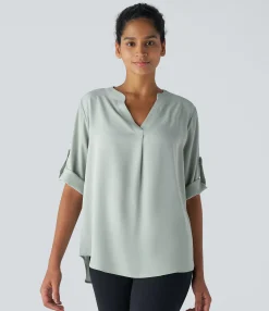 Work Tops|Shirts Blouses<HALARA V Neck Three Quarter Sleeve Curved Hem Work Shirt
