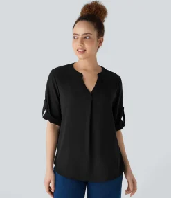 Work Tops|Shirts Blouses<HALARA V Neck Three Quarter Sleeve Curved Hem Work Shirt