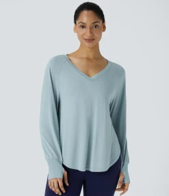 Yoga Tops|Sports Tops<HALARA V Neck Thumb Hole Long Sleeve Curved Hem Draped Yoga Sports Top