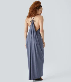 Maxi & Midi Dresses|Dresses<HALARA V Neck Tie Back Ruched Maxi Slip Dress