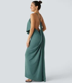 Maxi & Midi Dresses|Dresses<HALARA V Neck Tie Back Ruched Maxi Slip Dress