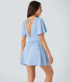 Dresses|Mini Dresses<HALARA V Neck Tie Back Short Sleeve Flowy Mini Babydoll Dress