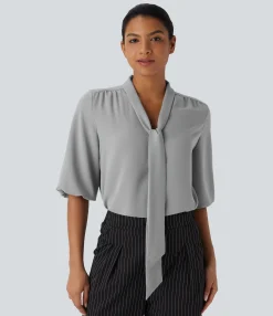 Shirts Blouses|Shirts & Blouses<HALARA V Neck Tie Front 3/4 Sleeve Work Shirt